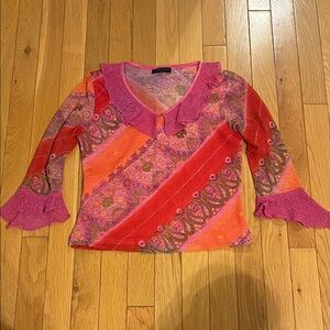 Vintage Eminance USA paisley sparkly pink and orange 70s top